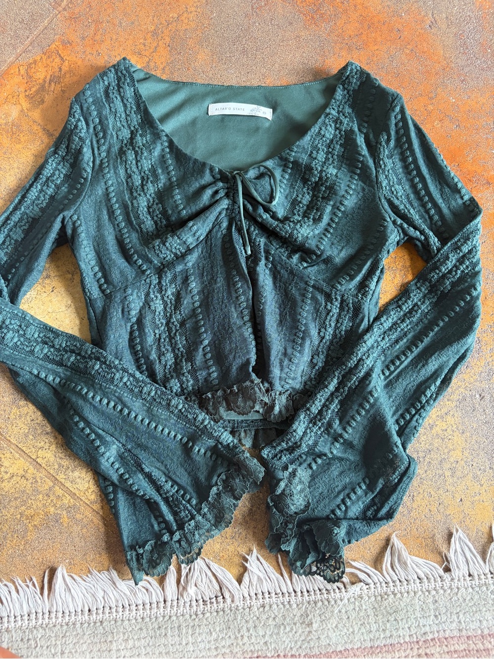 Altar'd State Emerald Green Lace Tie-Front Crop Top - Picture 2 of 4